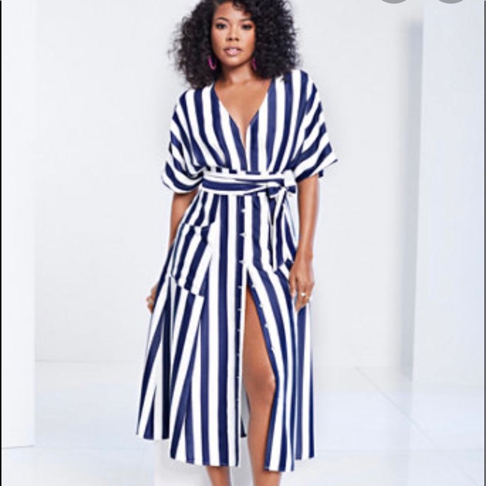 Gabrielle Union black and white stripe belt dress